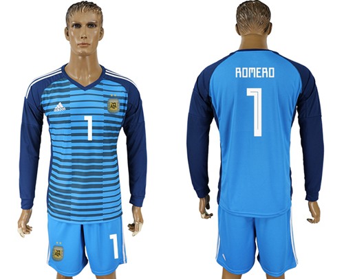 Argentina #1 Romero Blue Long Sleeves Goalkeeper Soccer Country Jersey - Click Image to Close